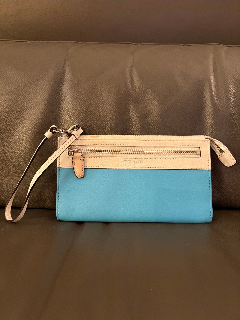 Coach Two-Tone Blue and Cream Leather Wristlet with Detachable Strap